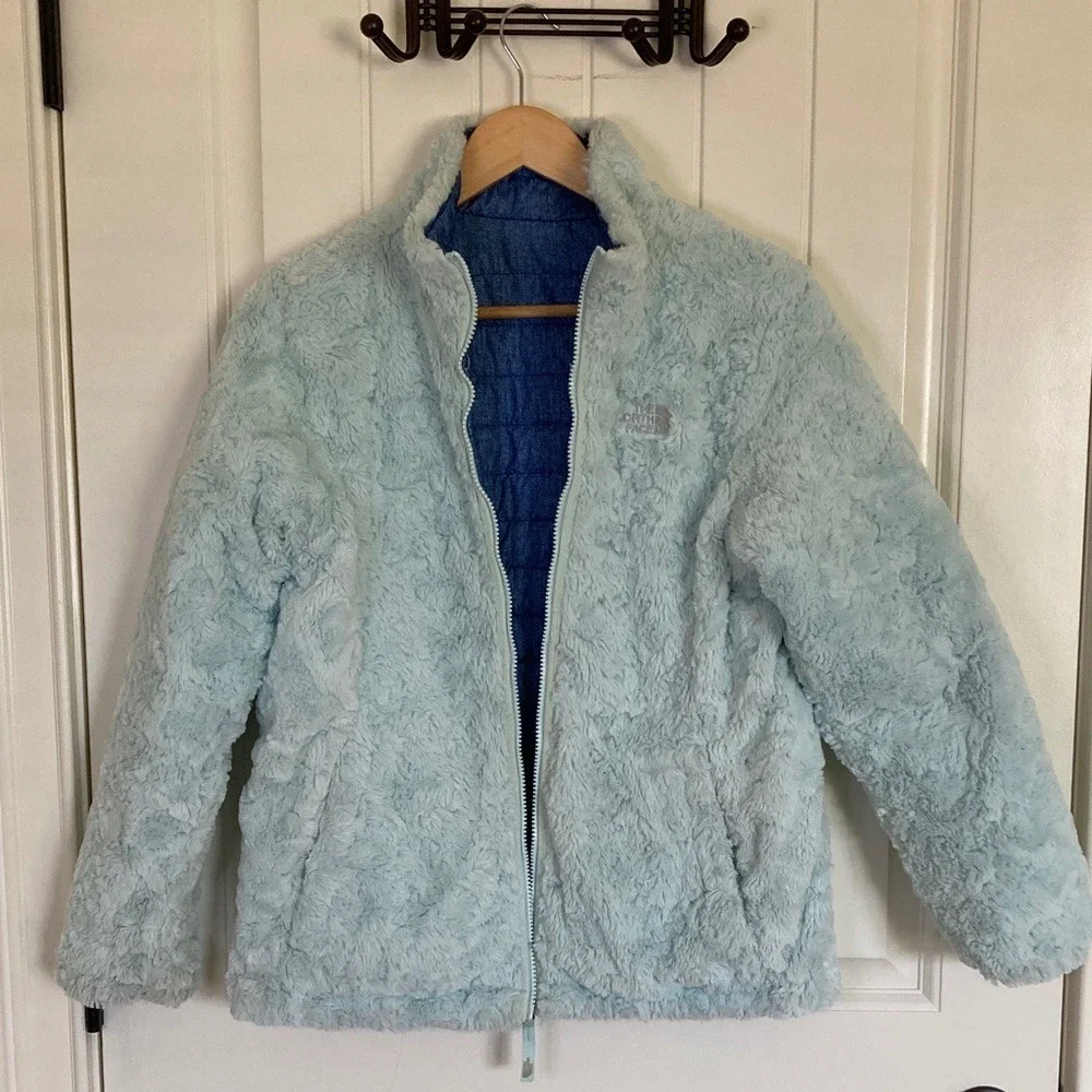 The North Face Girls Blue Quilted Jacket Size‎ XL 18 Fuzzy Lining Reversible